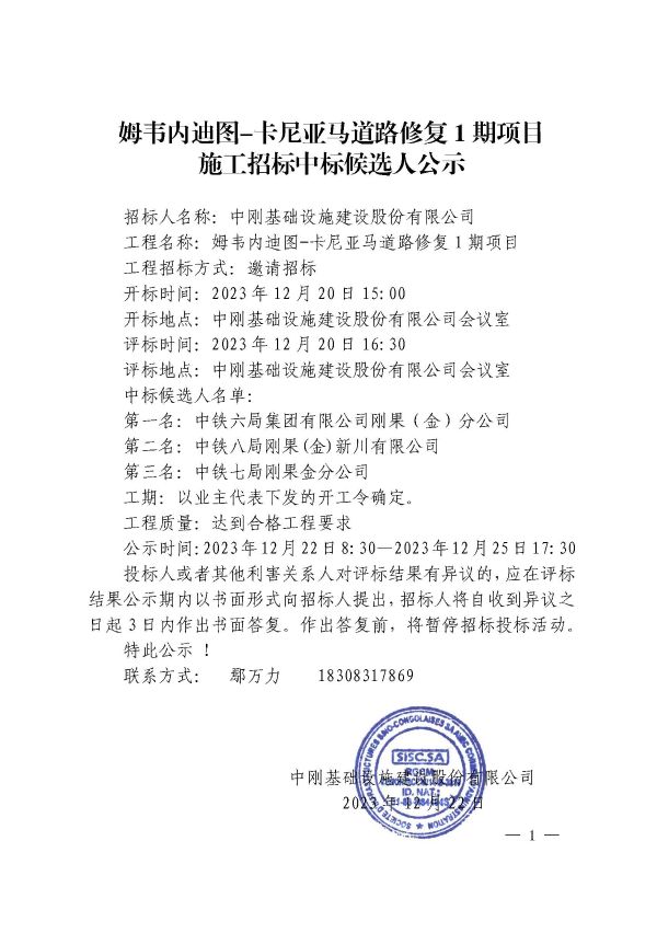 2公示-姆韦内迪图-卡尼亚马道路修复1期项目施工招标中标候选人公示