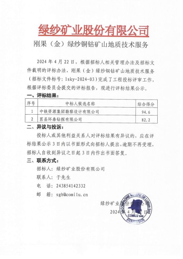 3刚果（金）绿纱铜钴矿山地质技术服务评标结果公示