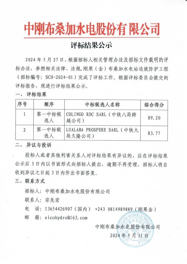 刚果（金）布桑加水电站边坡防护工程招标评标结果公示