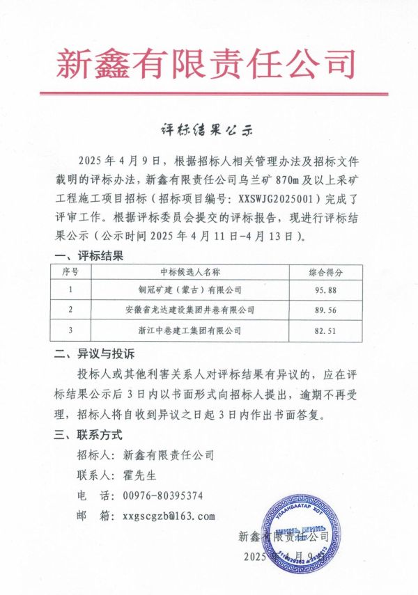 2、新鑫有限责任公司乌兰矿870m及以上采矿工程施工项目招标评标结果公示